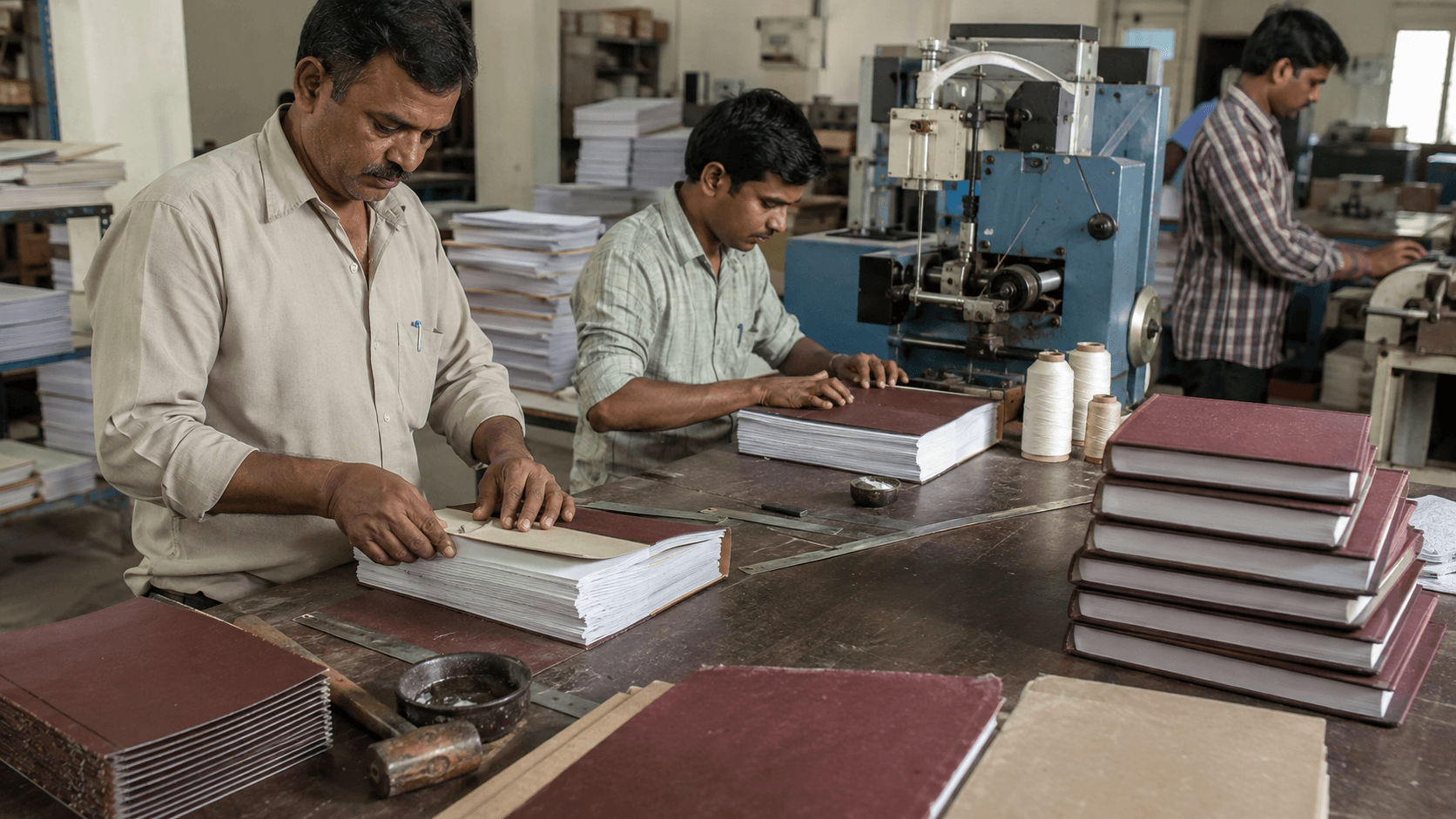 Indian technicians binding books on a production floor