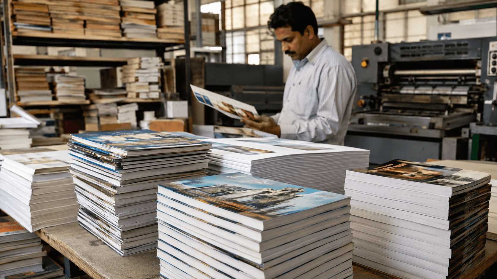 Freshly printed books being checked at an Indian print workshop
