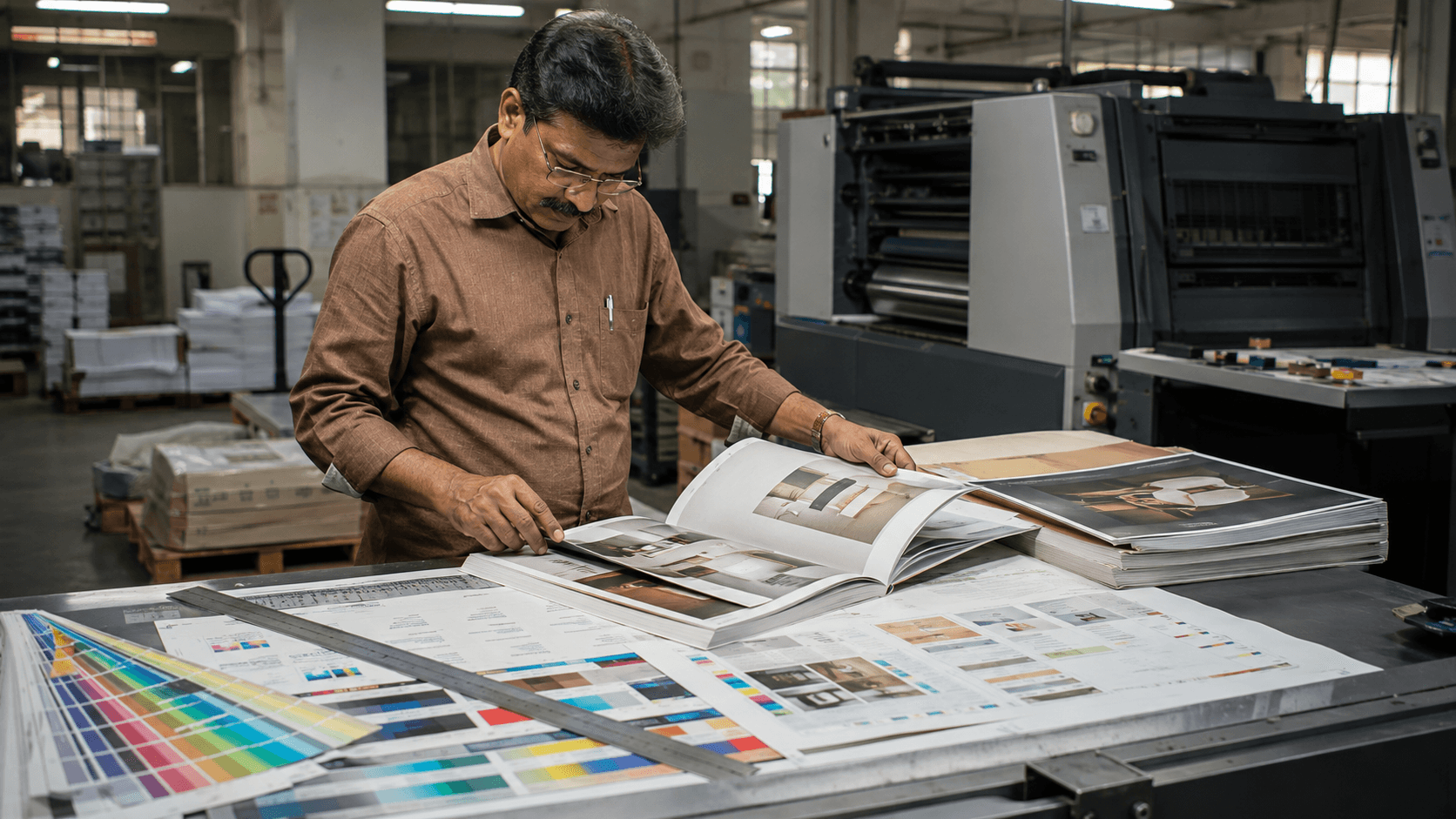 An Indian print professional reviewing catalogue proofs and colour swatches