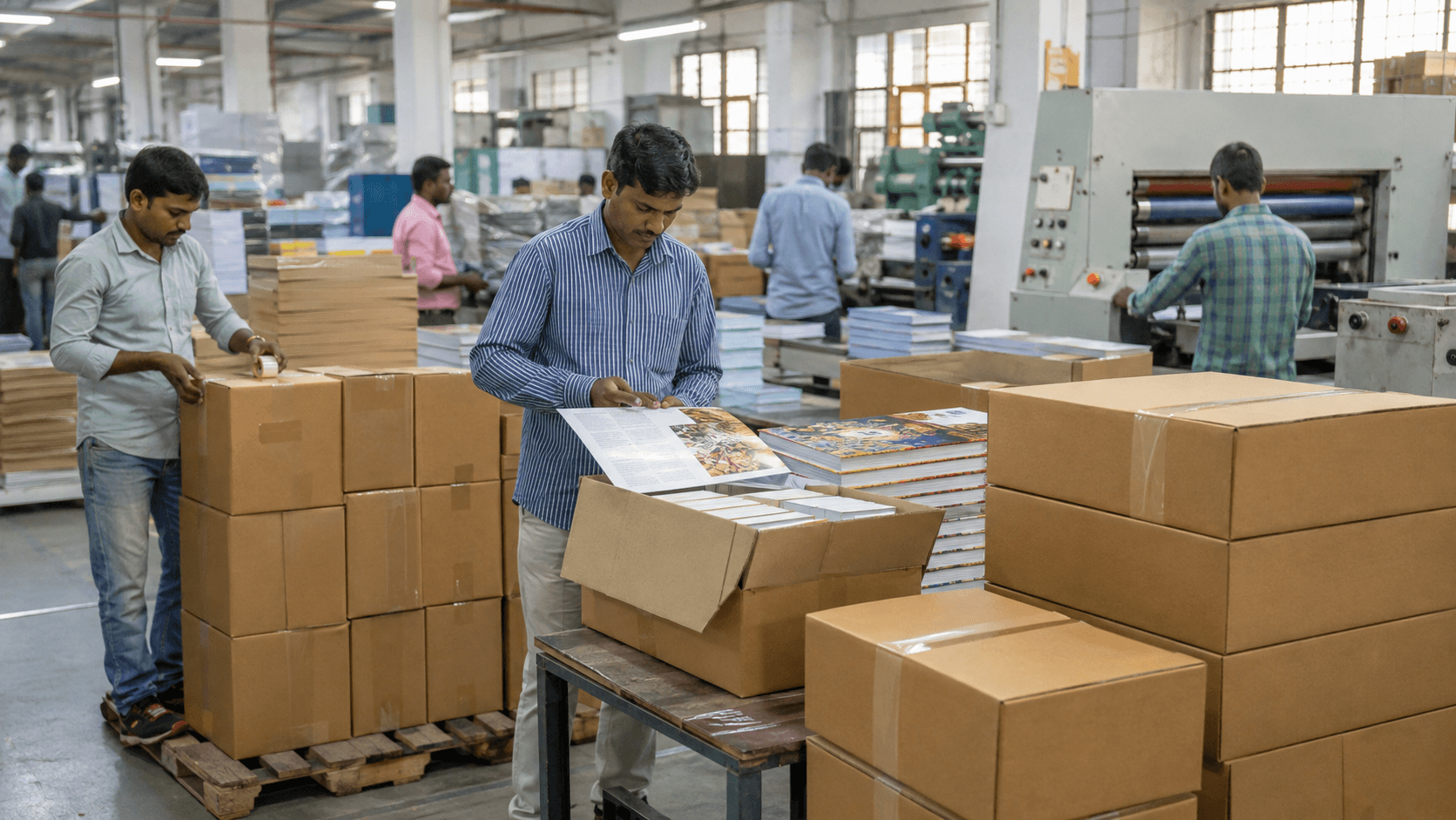 Indian print workers packing finished products for dispatch