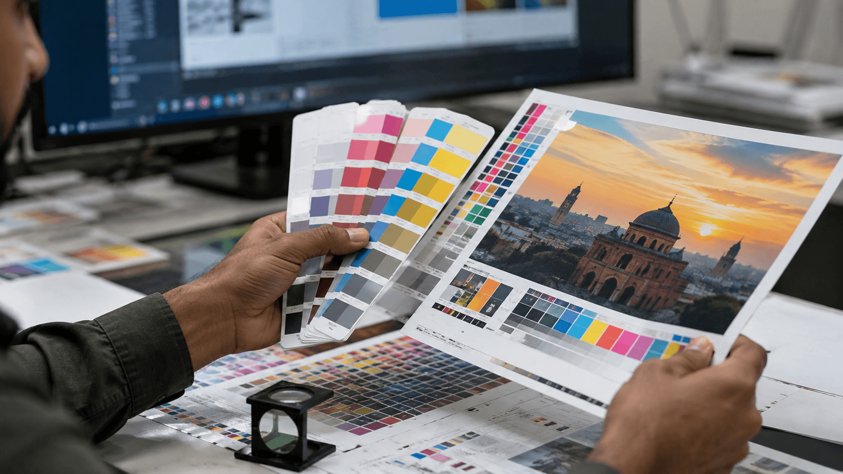 Indian print professional comparing colour swatches and a proof